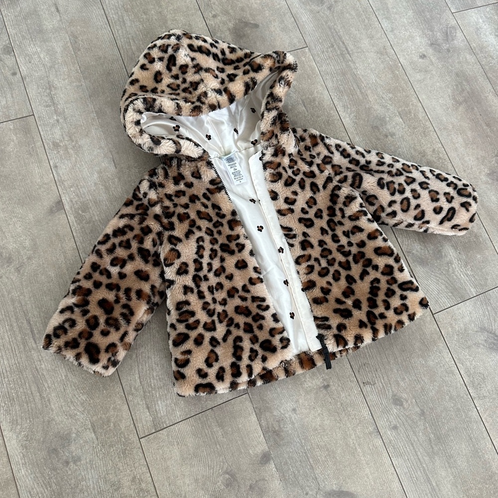 New Little Me Leopard Print Faux Fur Jacket Hoodie Coat Warm Baby Girl Size 18 M - Picture 14 of 16